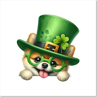 St Patricks Day Peeking Pomeranian Dog Posters and Art